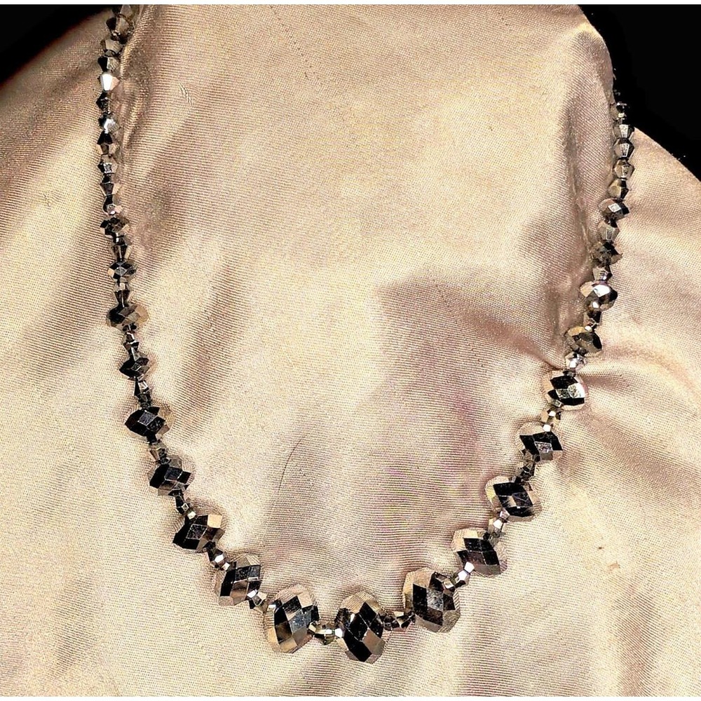 Vintage Hematite Tone Faceted Graduated Glass Bead Necklace Silver Tone Chain